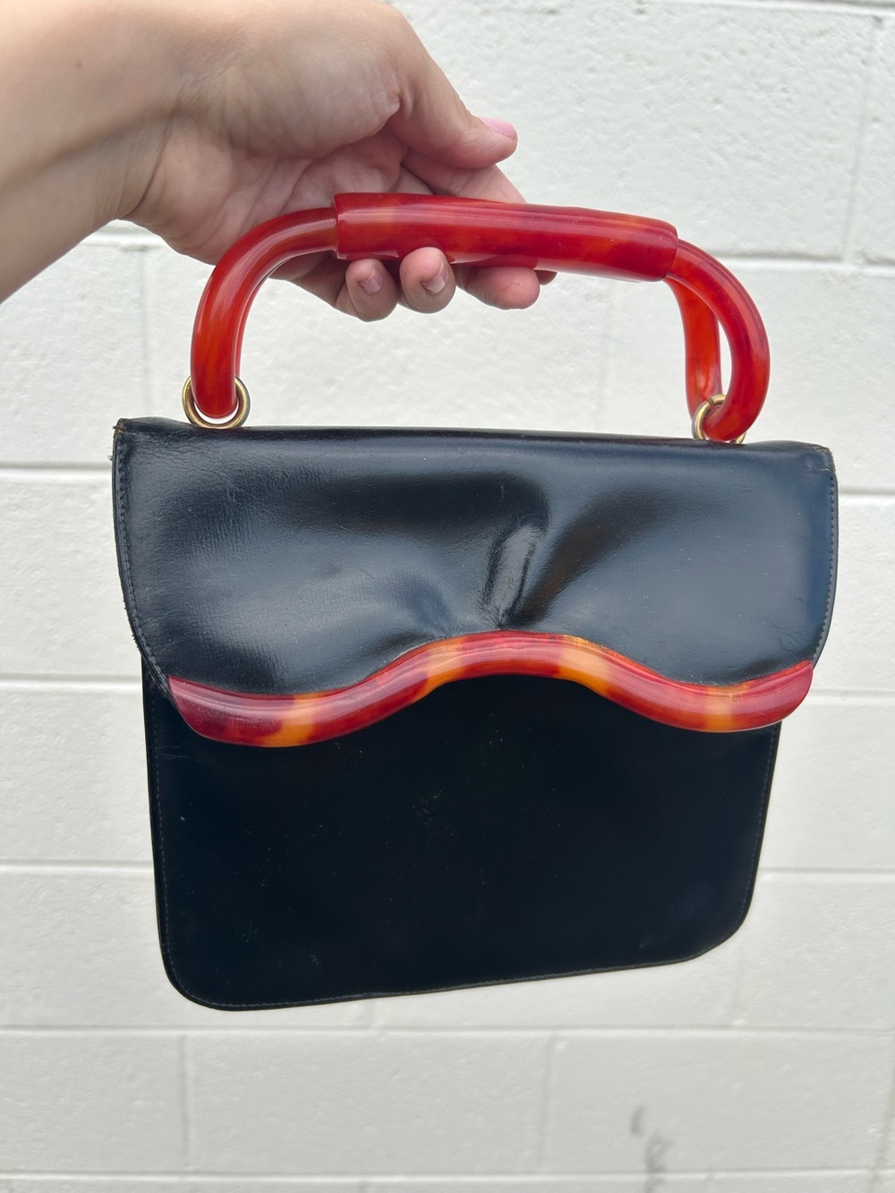 charming vintage black leather handbag Lucite Bakelite handle